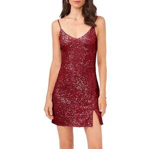 1. STATE NWT Sleeveless V-Neck Sequin Mini Slip Dress SZ 4 burgundy